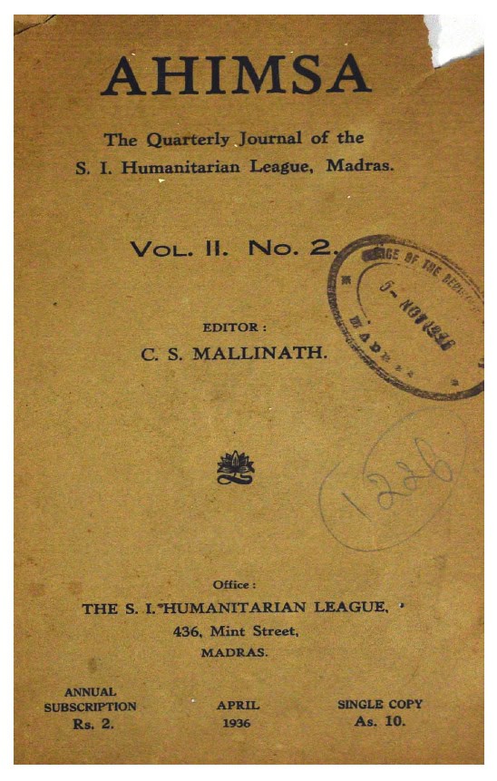 Ahimsa: The Quarterly Journal of the S. I. Humanitarian League, Madras
